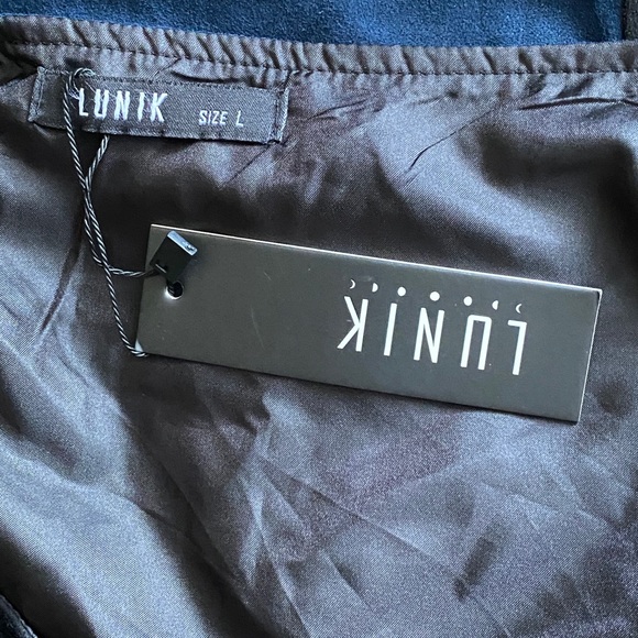 Lunik Perseus Color Block Chevron Suede Skirt Size L - Navy, Black, Ambe… - Picture 6 of 12